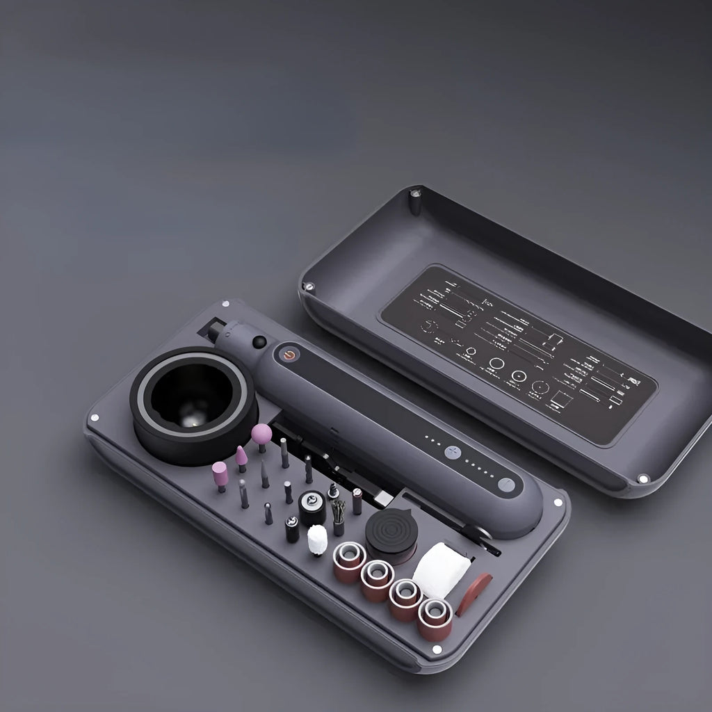Compact electric grinding set with a lithium battery, showing a 5-speed adjustment dial and a 3.2mm collet.