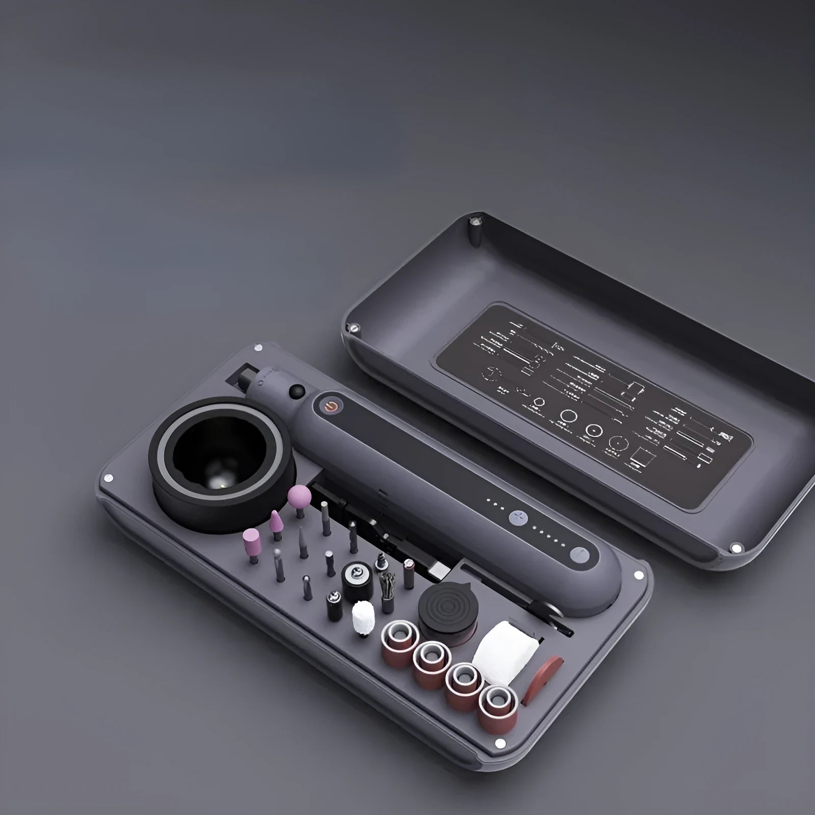 Compact electric grinding set with a lithium battery, showing a 5-speed adjustment dial and a 3.2mm collet.
