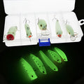 Set of five fluorescent hard plastic fishing lures with 3D simulation design.
