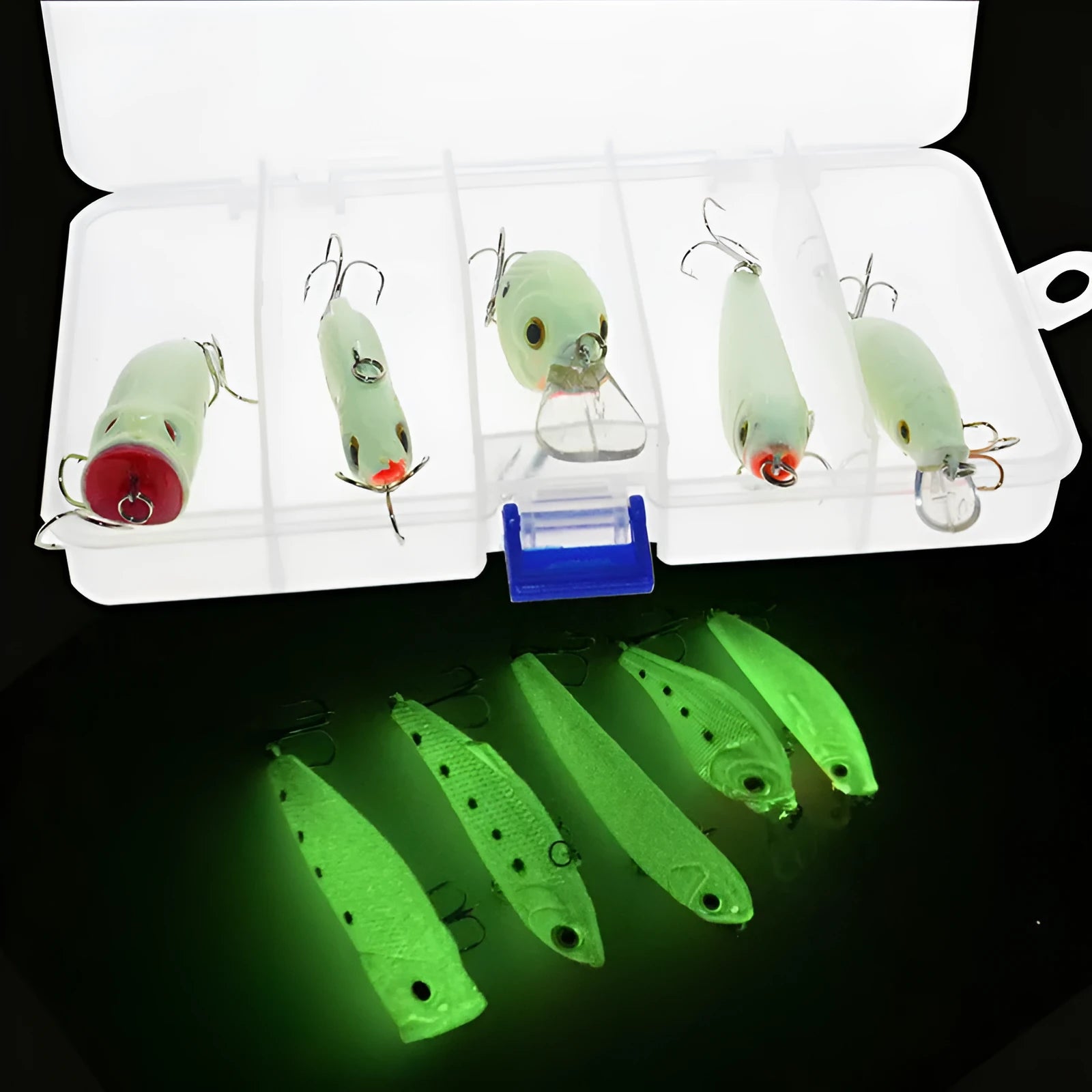 Set of five fluorescent hard plastic fishing lures with 3D simulation design.