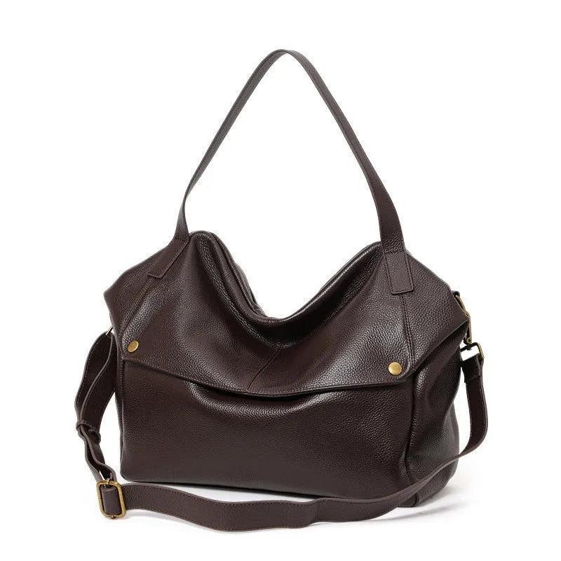 Brown genuine leather women's commuter shoulder bag with horizontal square shape and shoulder strap