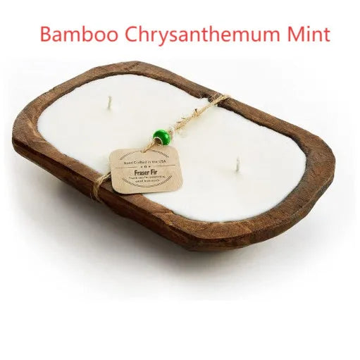 Retro-style lavender aromatherapy candle in a wooden basin made from soy wax.