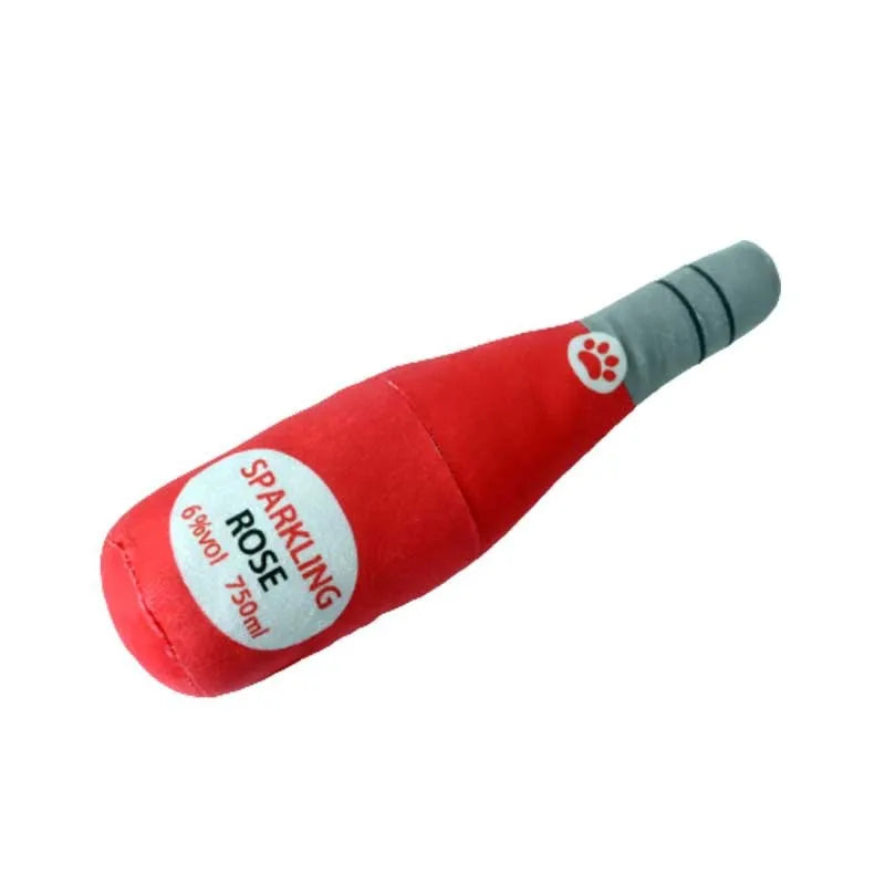 Soft plush wine bottle pet toy for dogs and cats in multiple colour variations