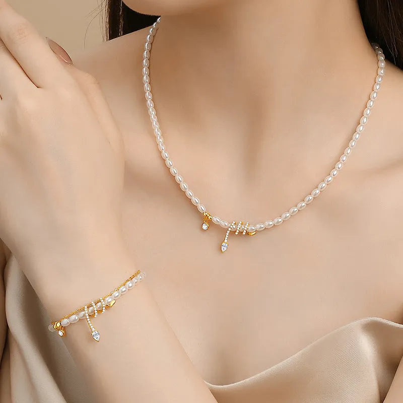 Pearl snake 925 silver bracelet with geometric beading and electroplated gold finishes