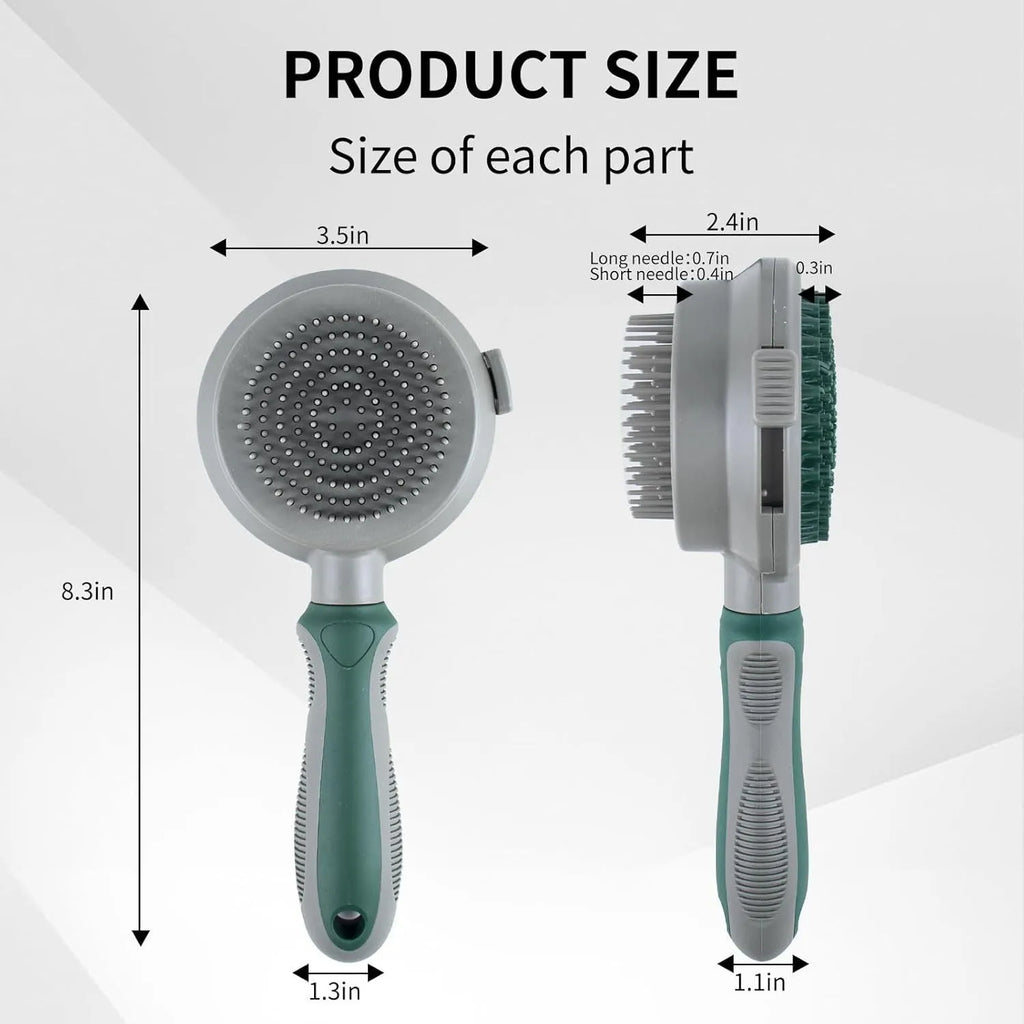 Green and pink 2-in-1 silicone cat grooming brush showing slicker brush and massage heads