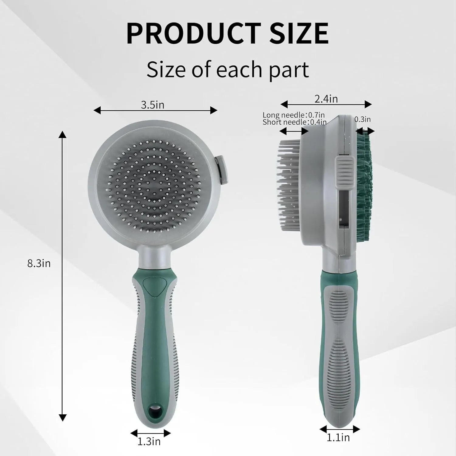 Green and pink 2-in-1 silicone cat grooming brush showing slicker brush and massage heads