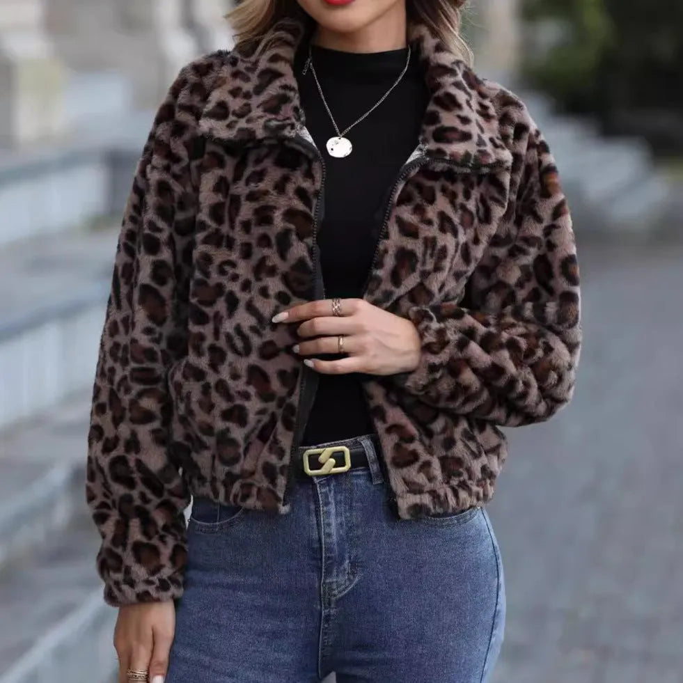 Women's loose fit leopard print coat with rabbit fur plush fabric and full-length zipper
