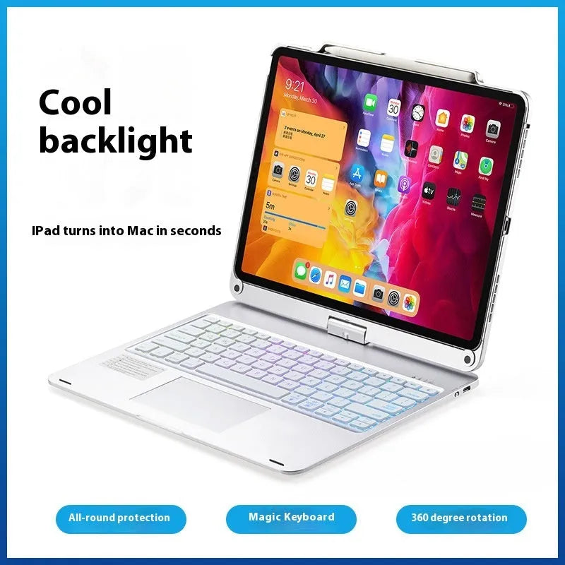 Miaocontrol silver Bluetooth keyboard with 360-degree rotating stand holding an iPad tablet.