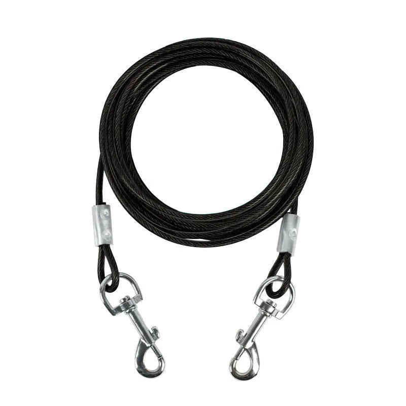 Double headed steel wire dog leash in blue with rope handle for walking two dogs
