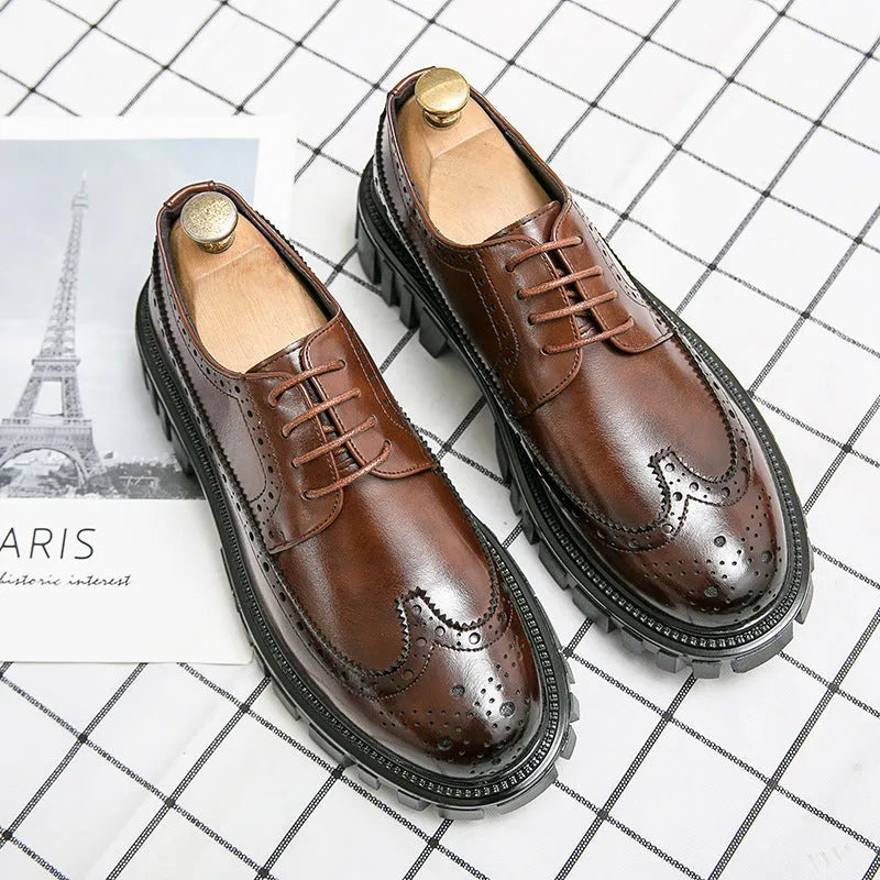 Men's black and brown business brogue shoes with round toe and brogue detailing.