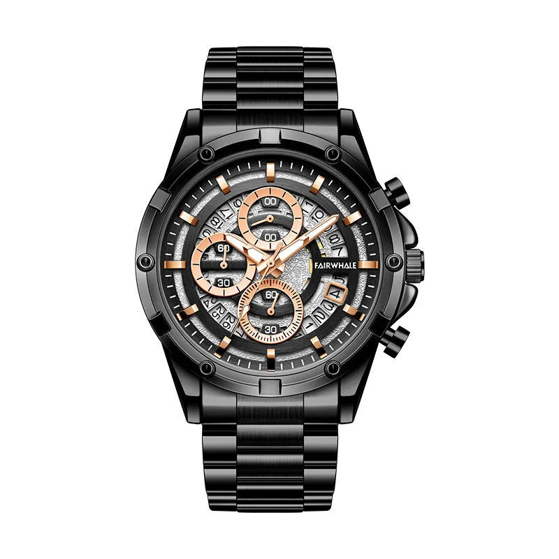 Men's waterproof luminous quartz watch with steel belt in black and blue, black and gold, or silver and white.