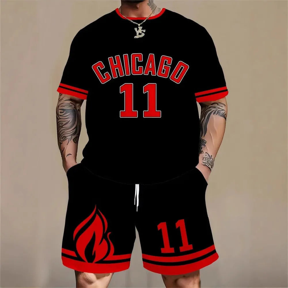 Men's grey 3D printed letter short sleeve top and shorts sports suit set
