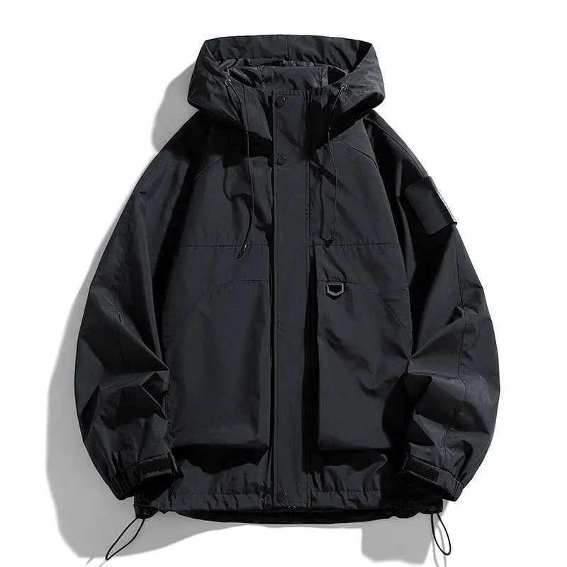 Men's black windproof waterproof hooded jacket, regular length with long sleeves, shown on a model.