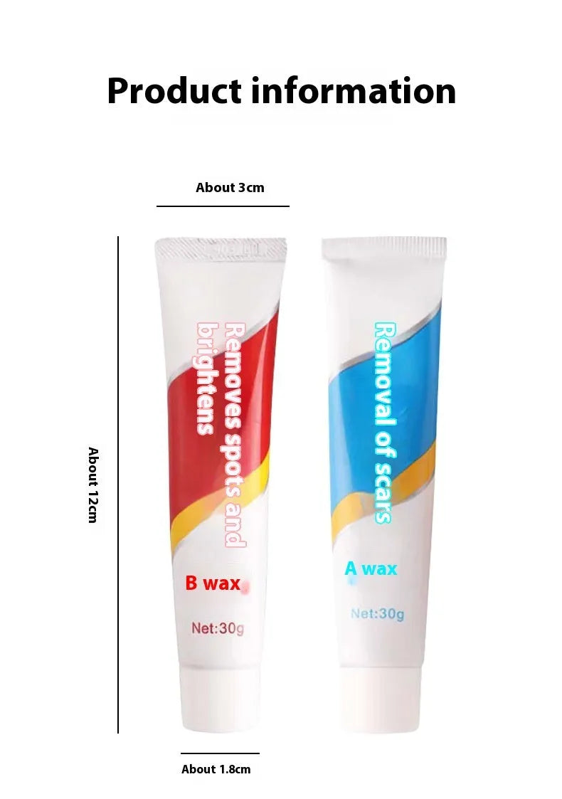 Car repair wax kit containing A Wax for scratch removal, B Wax for polishing, and frosted sponge mop