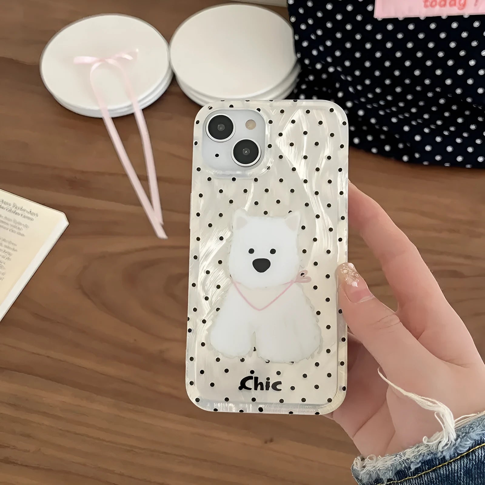 Polka dot West Highland dog TPU phone case for Apple iPhone, anti-fall soft shell in white and black