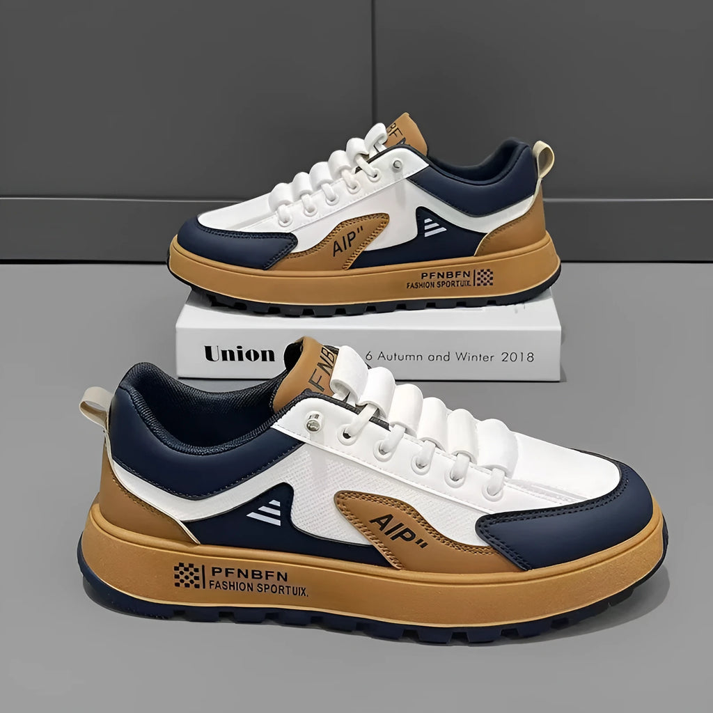 Men's white and orange breathable casual sports shoes with a round toe and artificial PU upper.