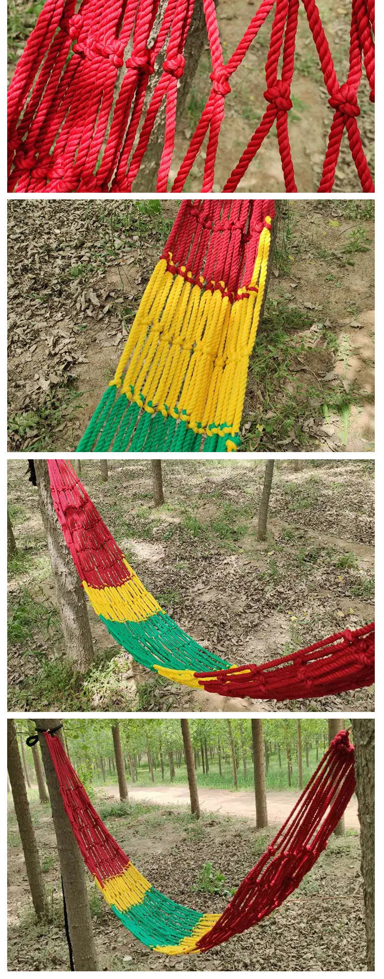 Nylon rope mesh hammock hung between trees showing 1.1m width
