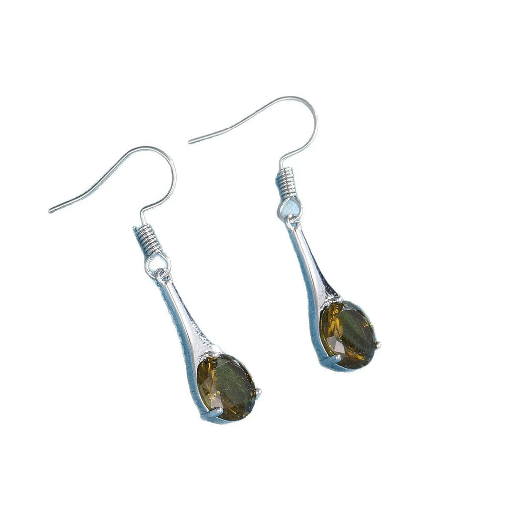 Olive green topaz water drop shaped earrings with retro design and electroplated alloy construction