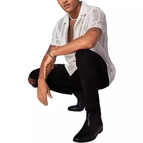 Men's short-sleeved knitted button shirt with Jacquard pattern in street fashion cardigan style
