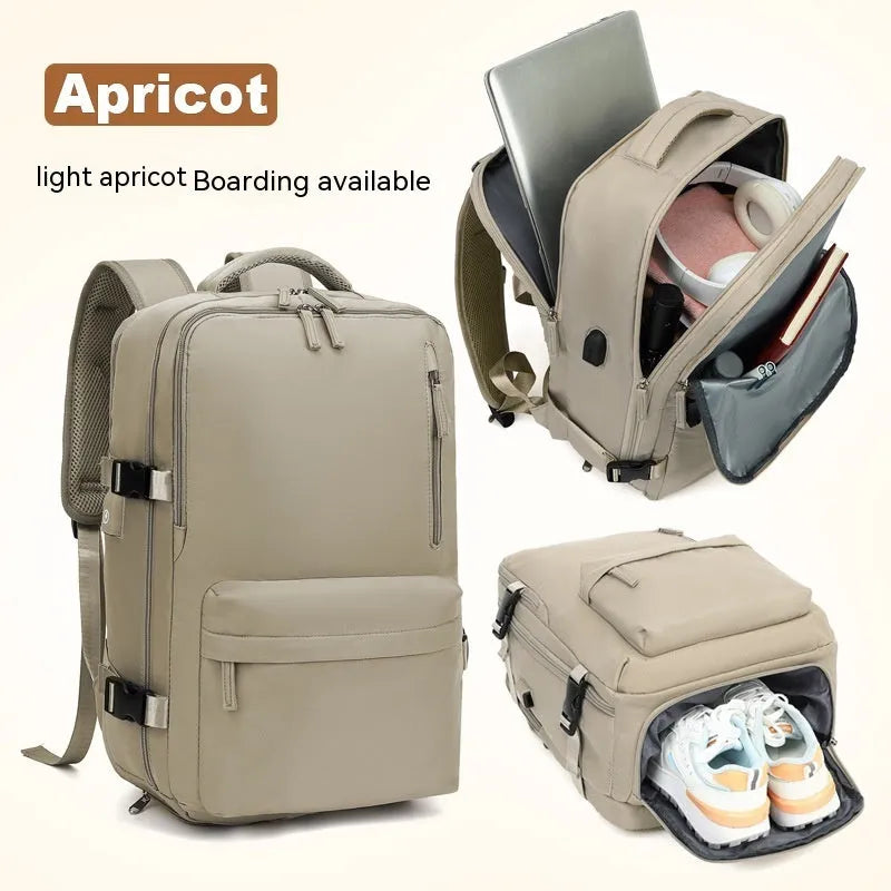 Large black nylon mummy-style travel backpack with a waterproof lining.