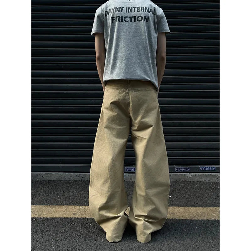 Khaki straight-leg cotton trousers on hanger showing American retro styling