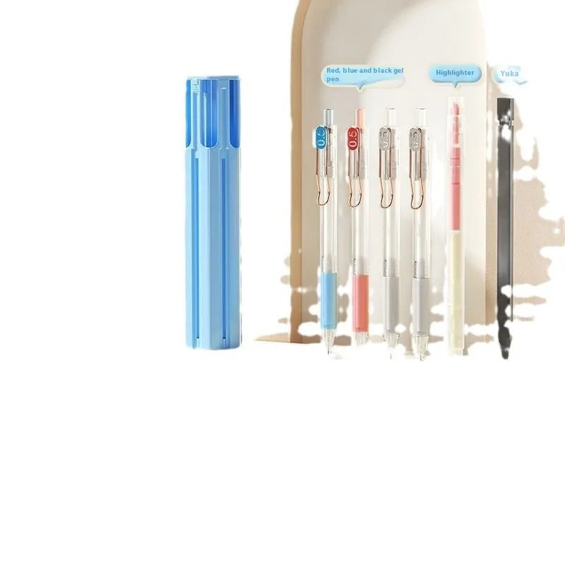 Plastic pressing pen pencil box kit in white, blue, or pink, showing six-pen and sixteen-pen suite options.