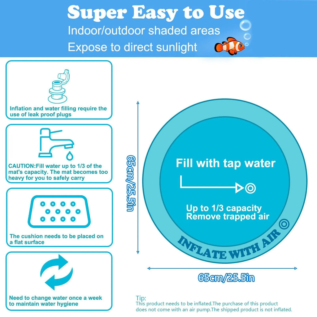 Square PVC water sensory playmat for pets showing inflated outer ring and central water area with floating fish toys.