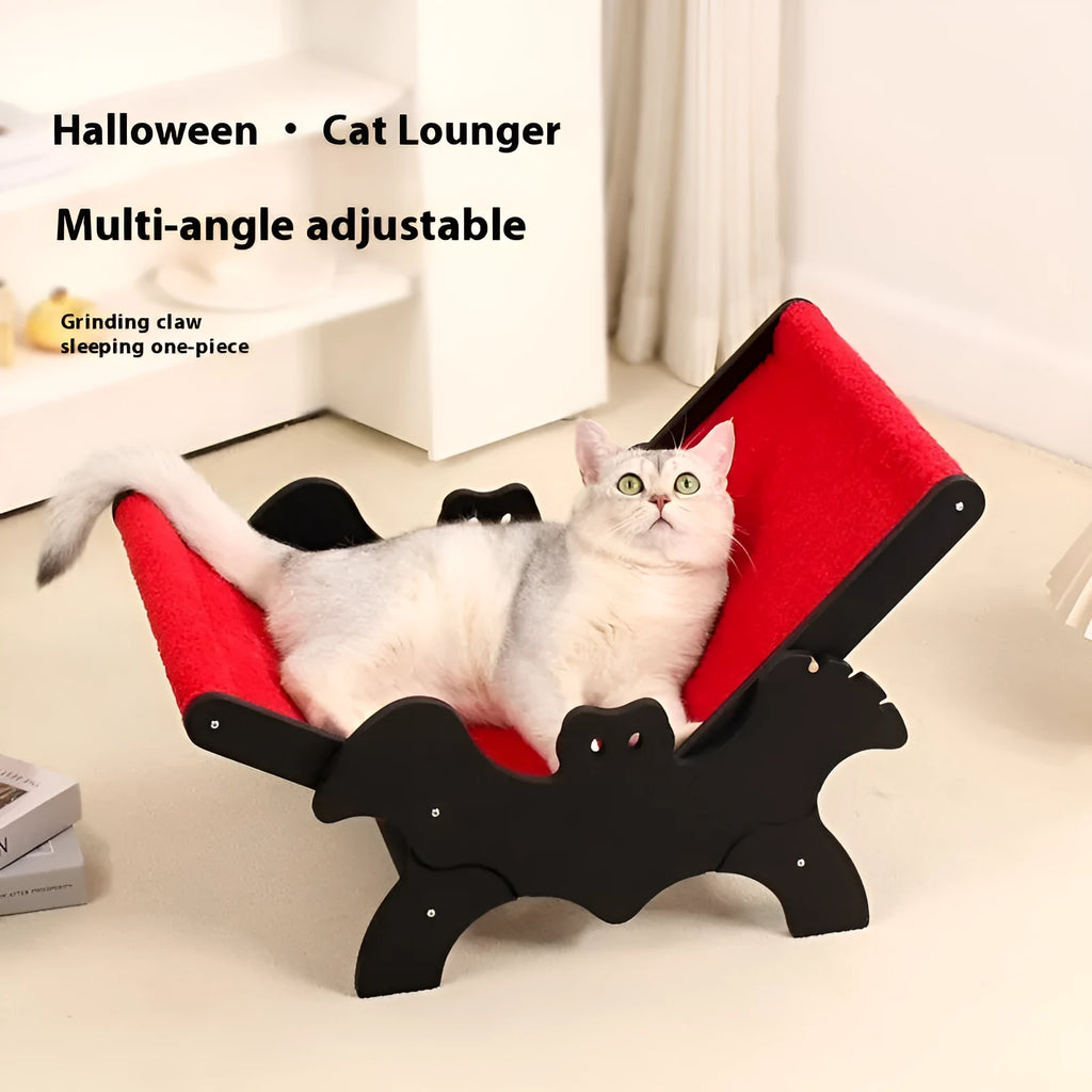 Wooden cat recliner with bat Halloween design in black or red colour for pet beds