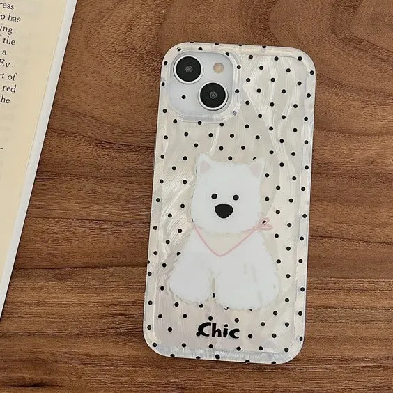 Polka dot West Highland dog TPU phone case for Apple iPhone, anti-fall soft shell in white and black