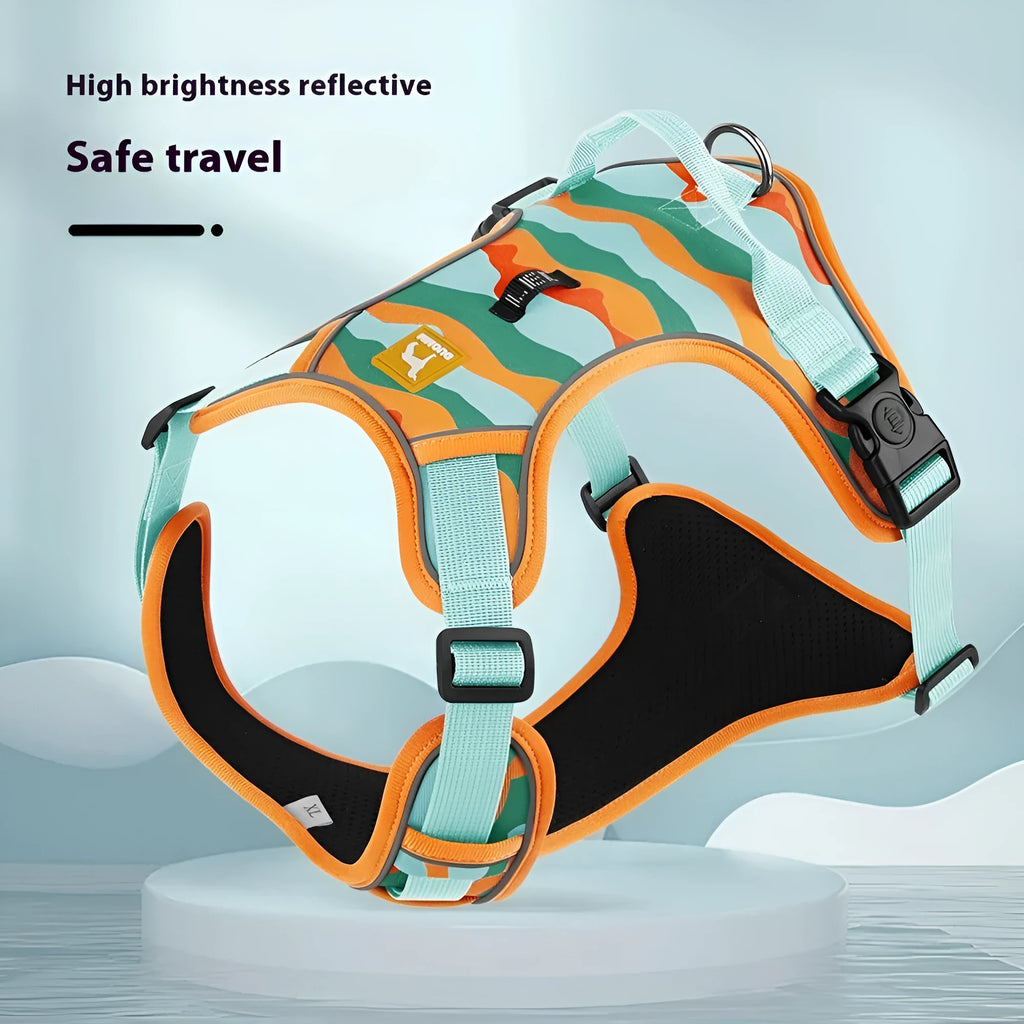 Orange reflective dog harness and lead with a chest and back design for secure walking control.