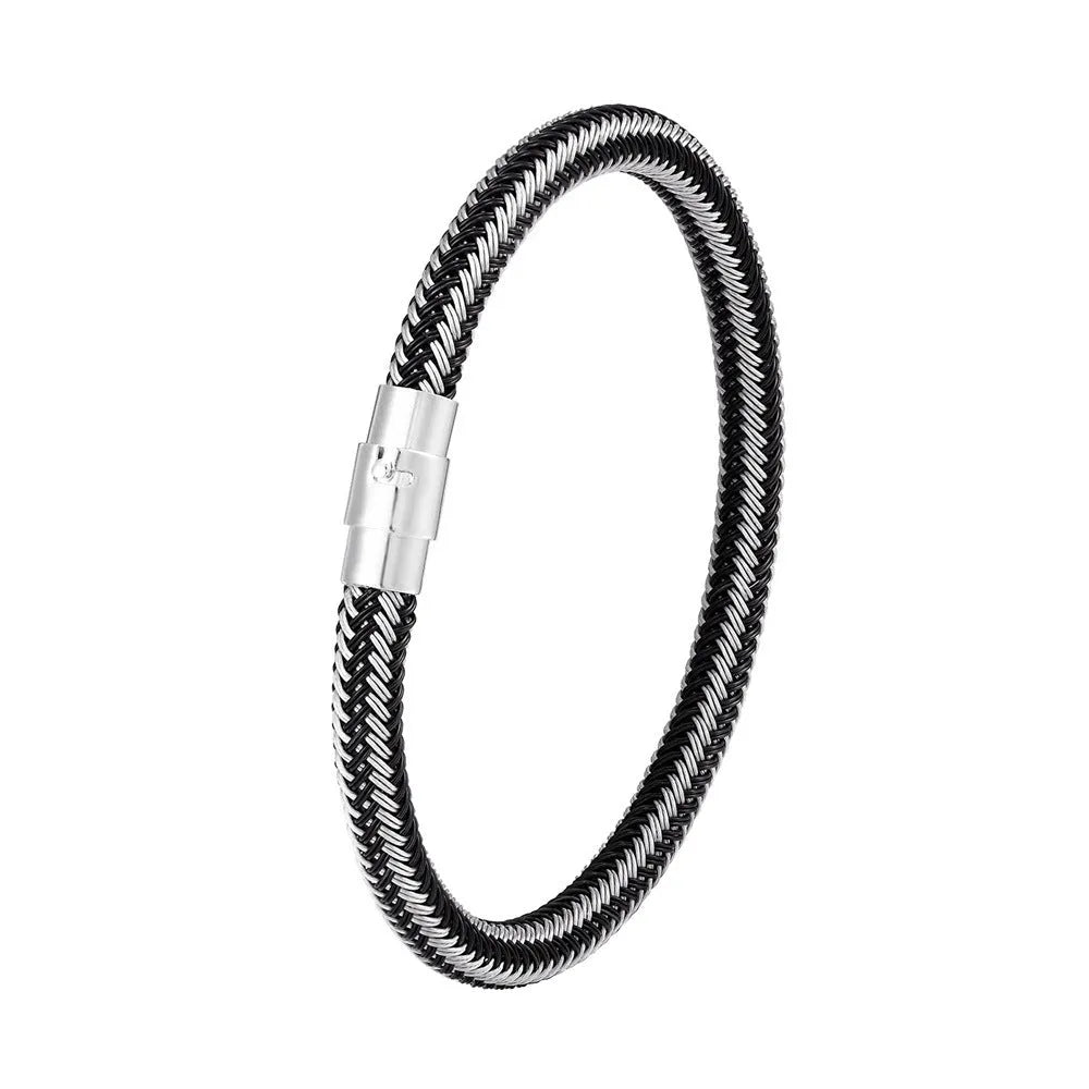 Titanium steel geometric wire bracelet with magnetic clasp on a wrist, showing unisex boyfriend style.