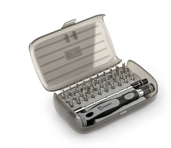 32-in-1 screwdriver set with 30 bits in a black plastic case, showing PH1 cutter head.