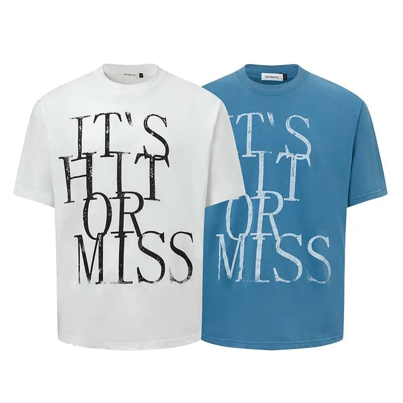 Man wearing a blue American retro letter print loose fit cotton blend t-shirt.