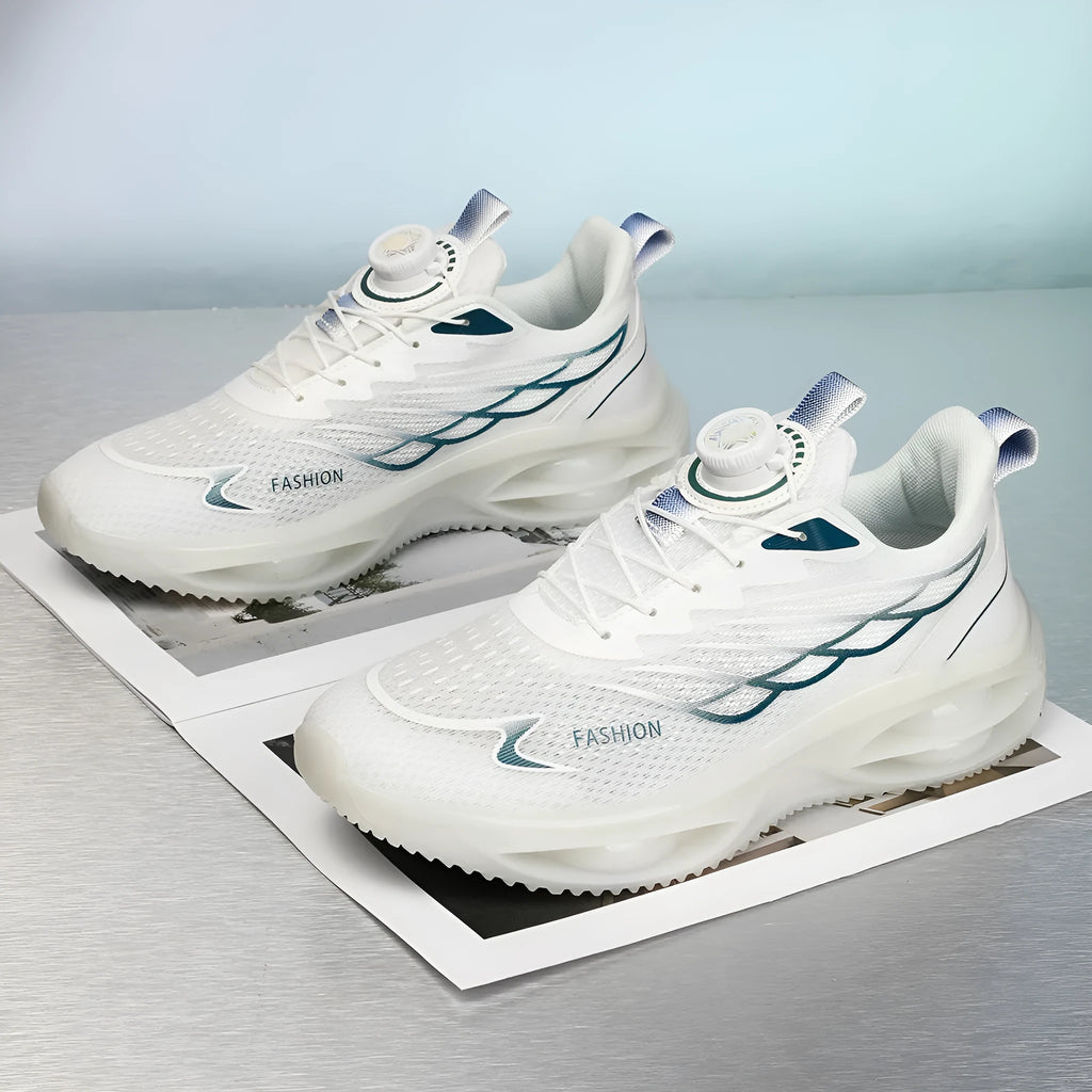 Casual running shoes with mesh upper in sky blue, black gold, or white with rubber soles and front lace-up closure