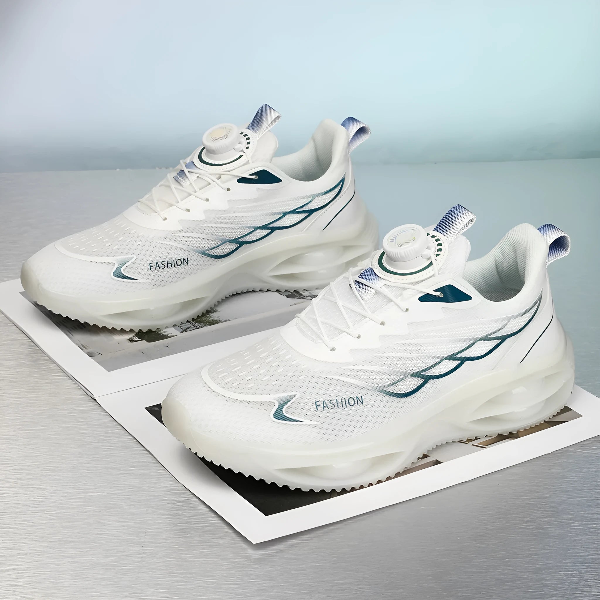Casual running shoes with mesh upper in sky blue, black gold, or white with rubber soles and front lace-up closure