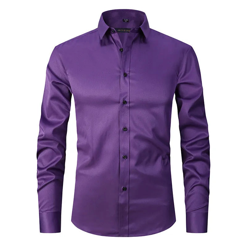 Man wearing a solid colour long sleeve polyester work shirt, showcasing the professional fit and style.