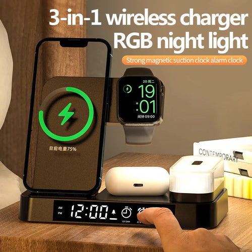 Foldable 4-in-1 wireless charging station with alarm clock display and RGB night light
