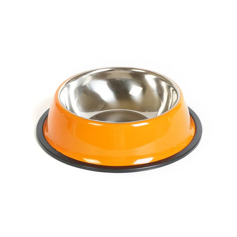 Pet feeding bowl with stainless steel inner, colourful melamine outer, and anti-slip rubber base