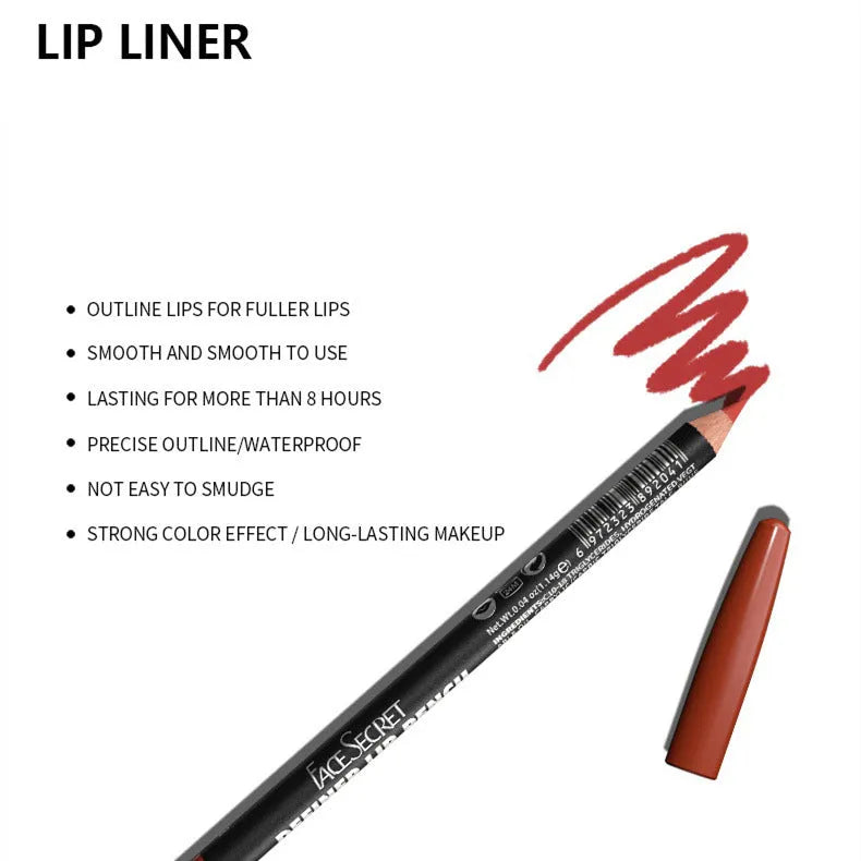 Wooden matte lip liner pencil in various shades showing 24 hour wear and waterproof claim