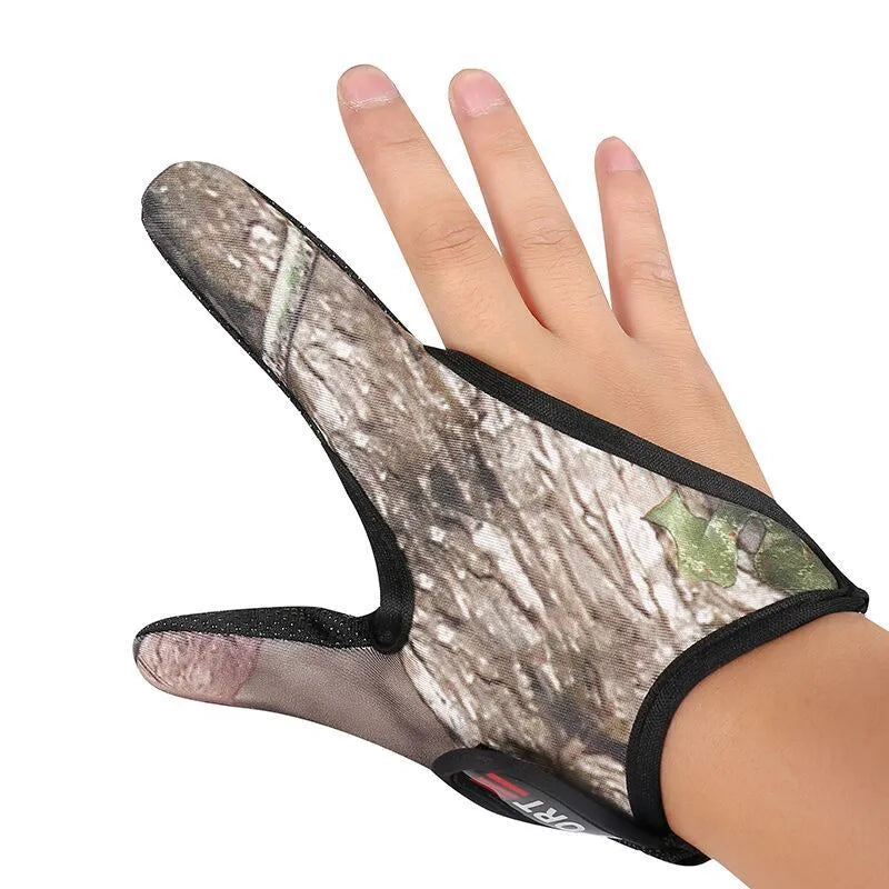 Two-finger fishing glove in camouflage colour showing diving cloth back and microfiber palm.