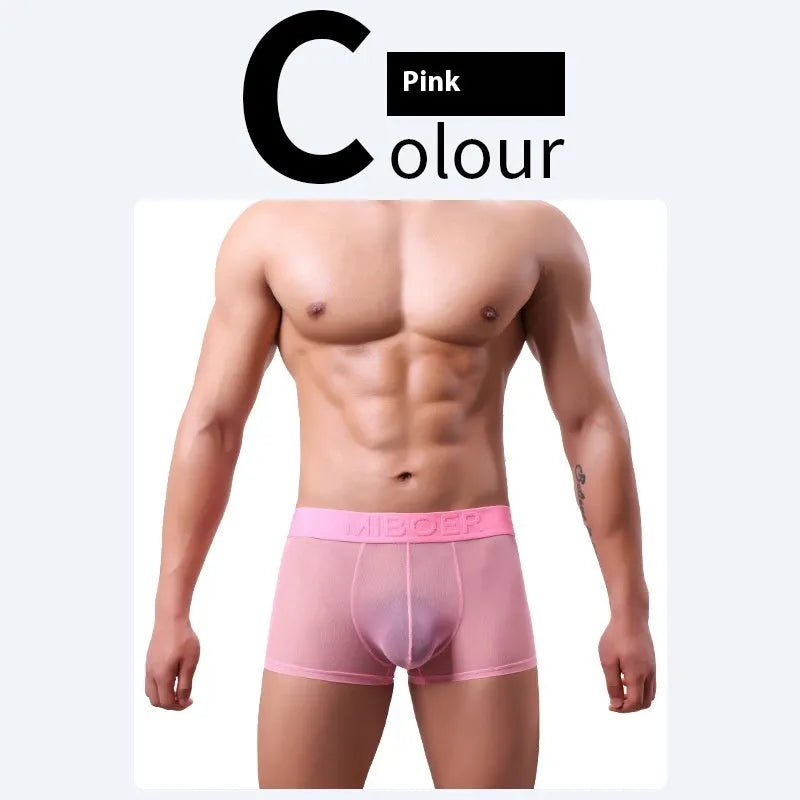 Men's thin quick-drying polyester boxers in six colours on a size chart background.