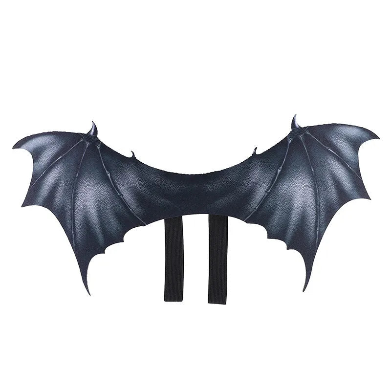 Black cloth bat wing costume for cats and dogs on Halloween, showing large, medium, and small size options.