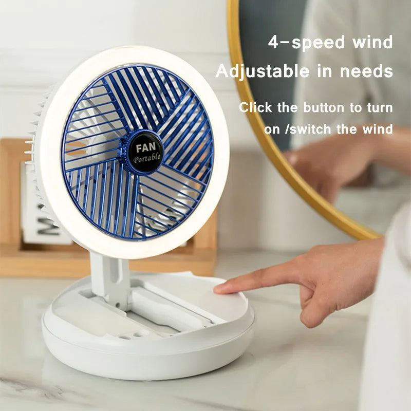 Blue or grey foldable USB desk fan with LED light showing wall mount and ceiling hanging options