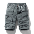 Men's army green cotton shorts with zip and multiple pockets, knee-length Korean style.
