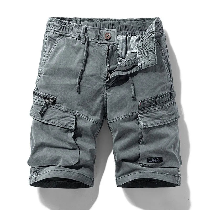Men's army green cotton shorts with zip and multiple pockets, knee-length Korean style.