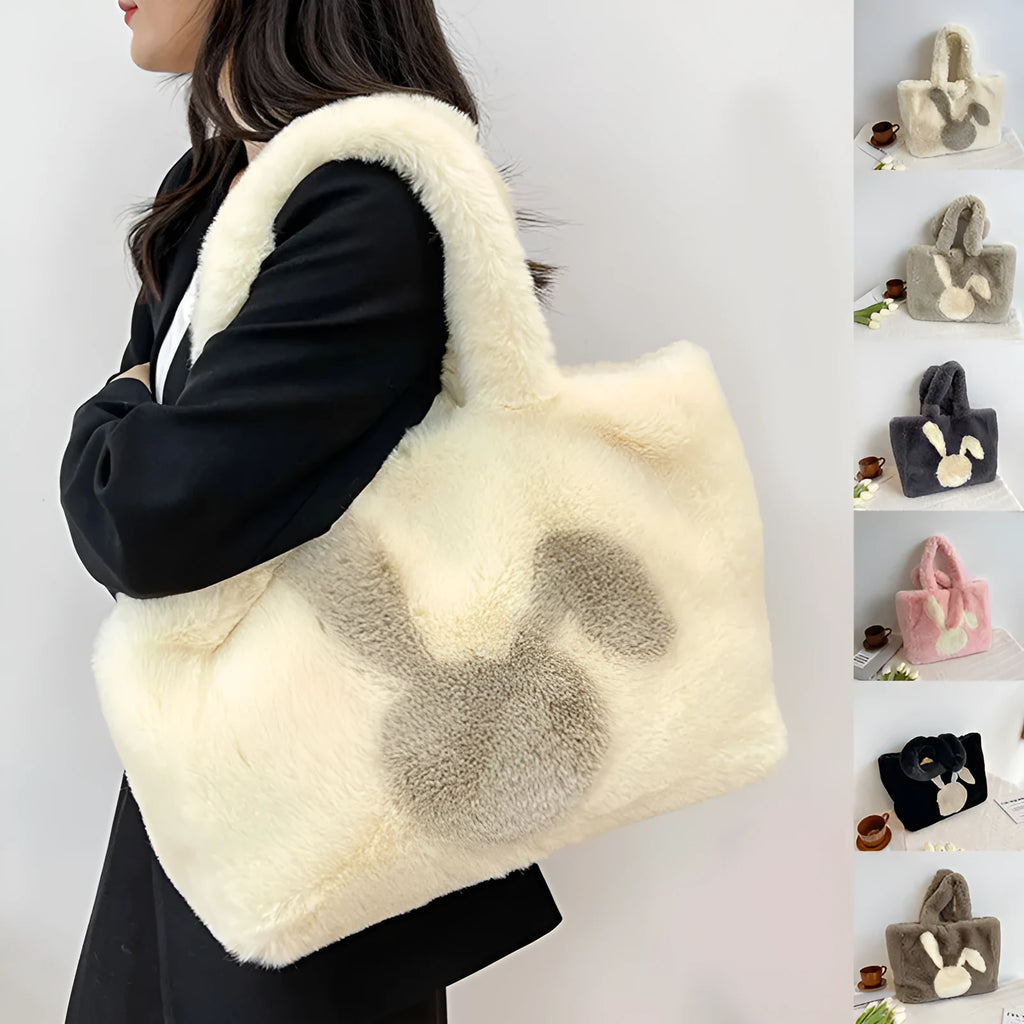 Cartoon rabbit ears plush shoulder bag in solid colour with large capacity