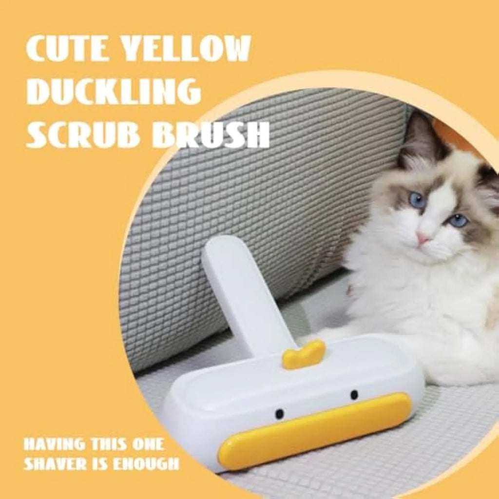 Portable yellow duck pet hair remover tool with polyester bristles for furniture and car seats.