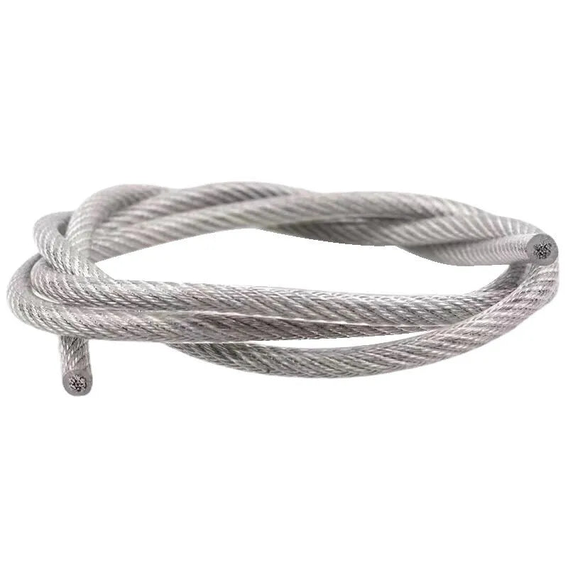Close-up of a coiled 304 stainless steel multi-strand security cable on a grey background.