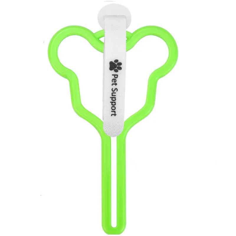 Hands-free dog poo bag holder with velcro strap attached to a dog lead.