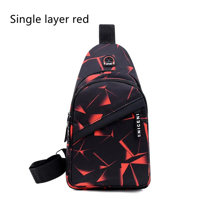 Men's Oxford cloth crossbody chest bag with earphone hole, showing zipper closure and vertical messenger style